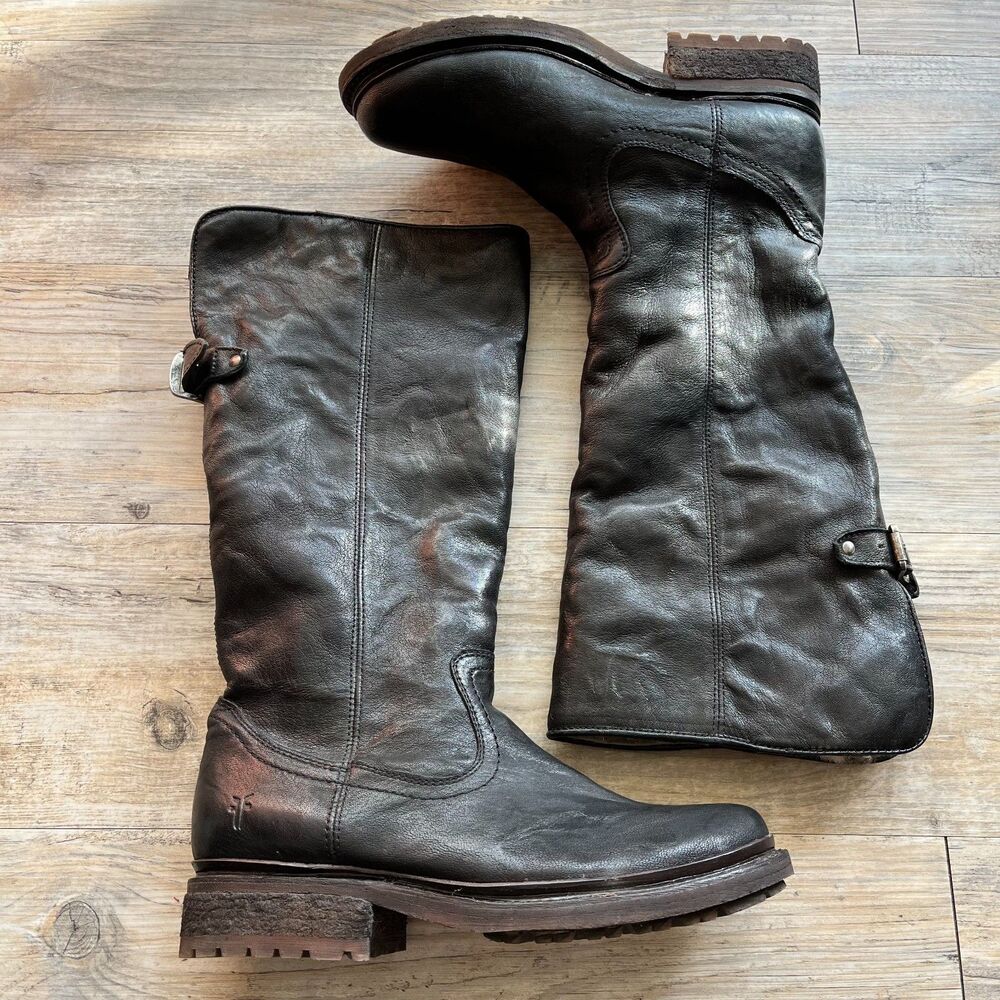 Frye Boots Women's 7 Valerie Shearling Pull on Mid-Calf Winter Black Fold Fuzzy
